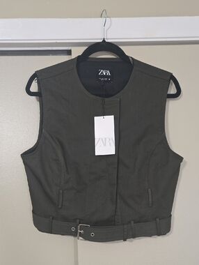 ZARA Olive Green Belted Sleeveless Top Size Large NWT